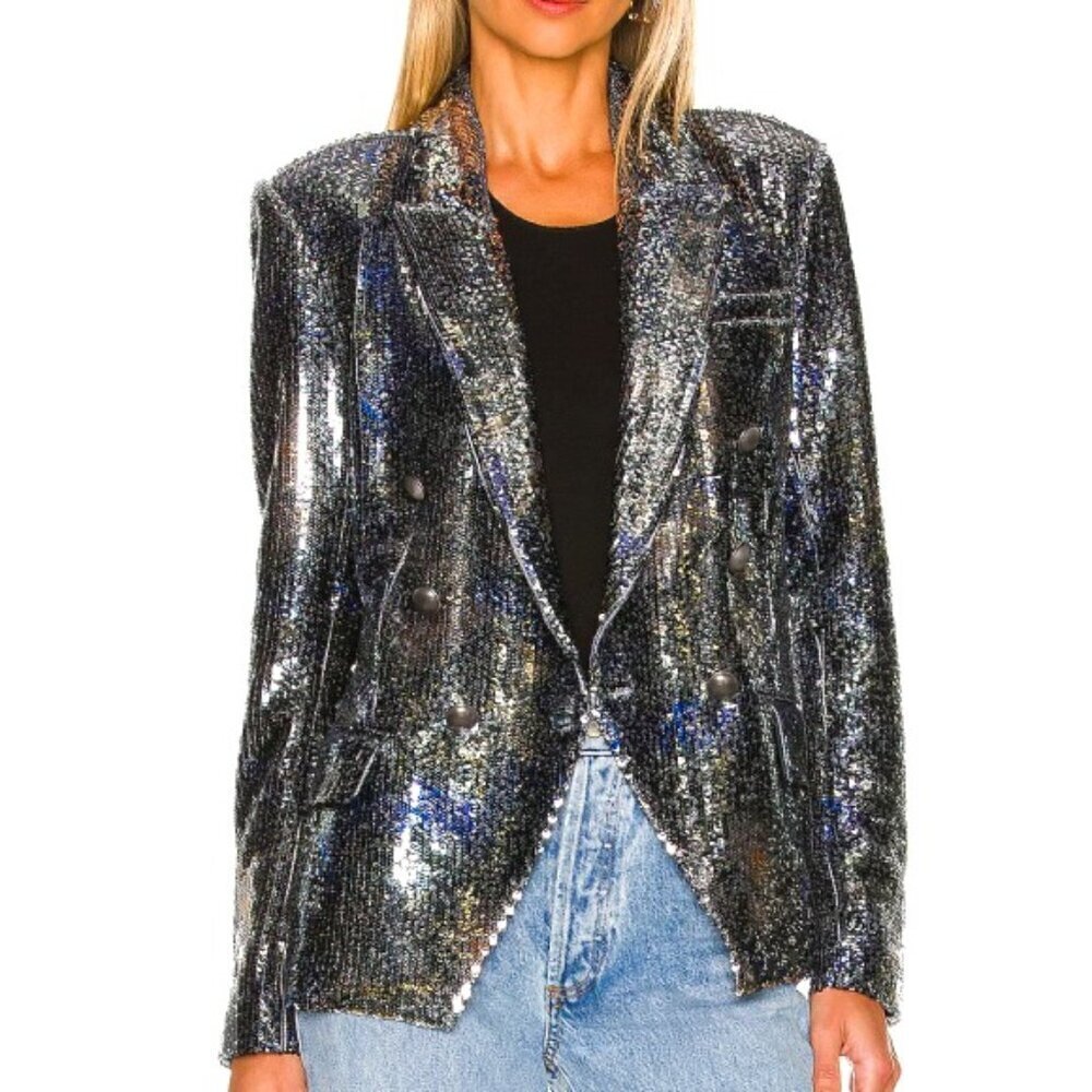 L'AGENCE 'Kenzie' Double-Breasted Sequin Blazer, Silver/Blue Multicolor